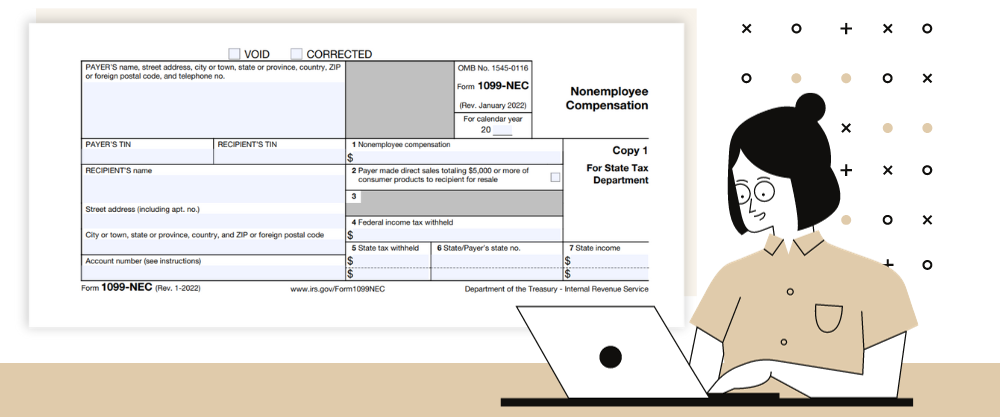 The blank copy of the 1099-NEC form for print and the image of the woman with a laptop